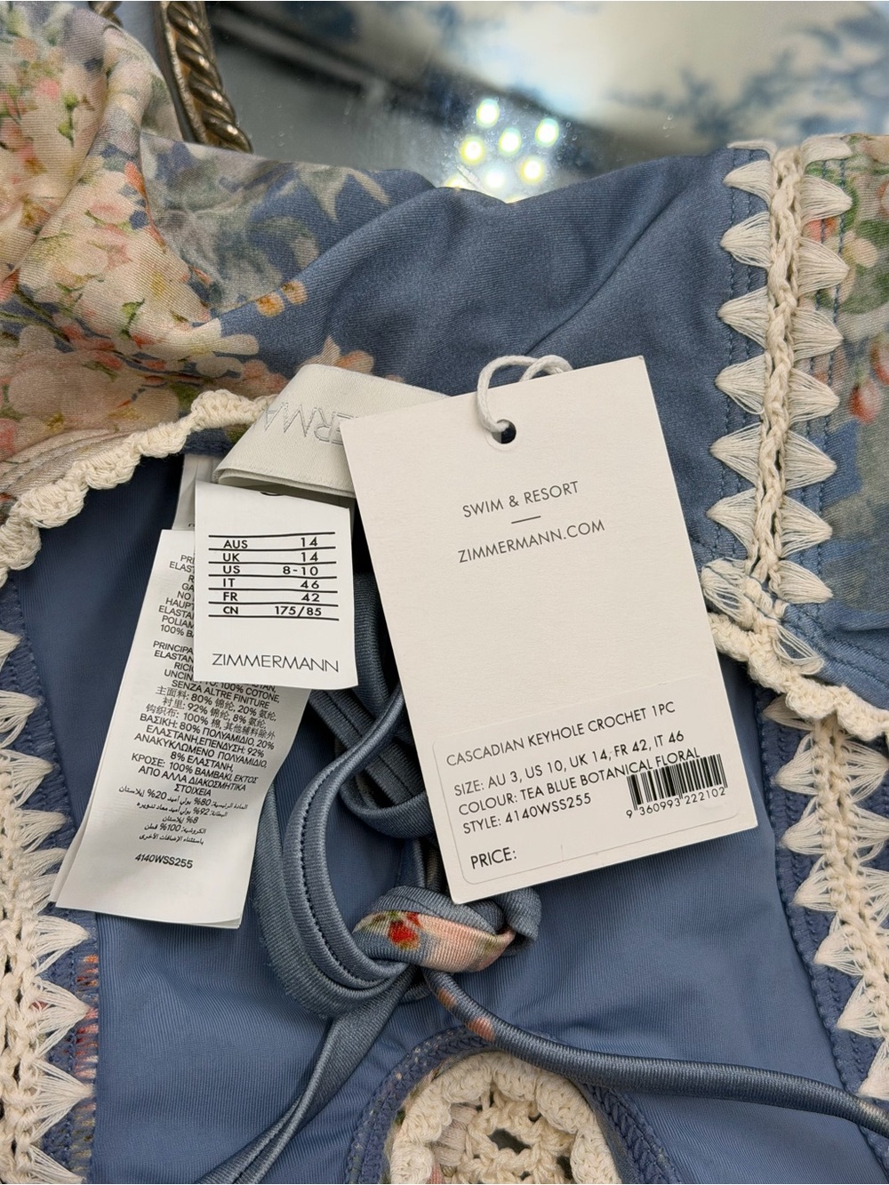 🆕 ZIMMERMANN 🧿 NWT Cascadian Crochet Keyhole Cutout Swimsuit, Blue - Sz 3 US10 - Picture 13 of 14